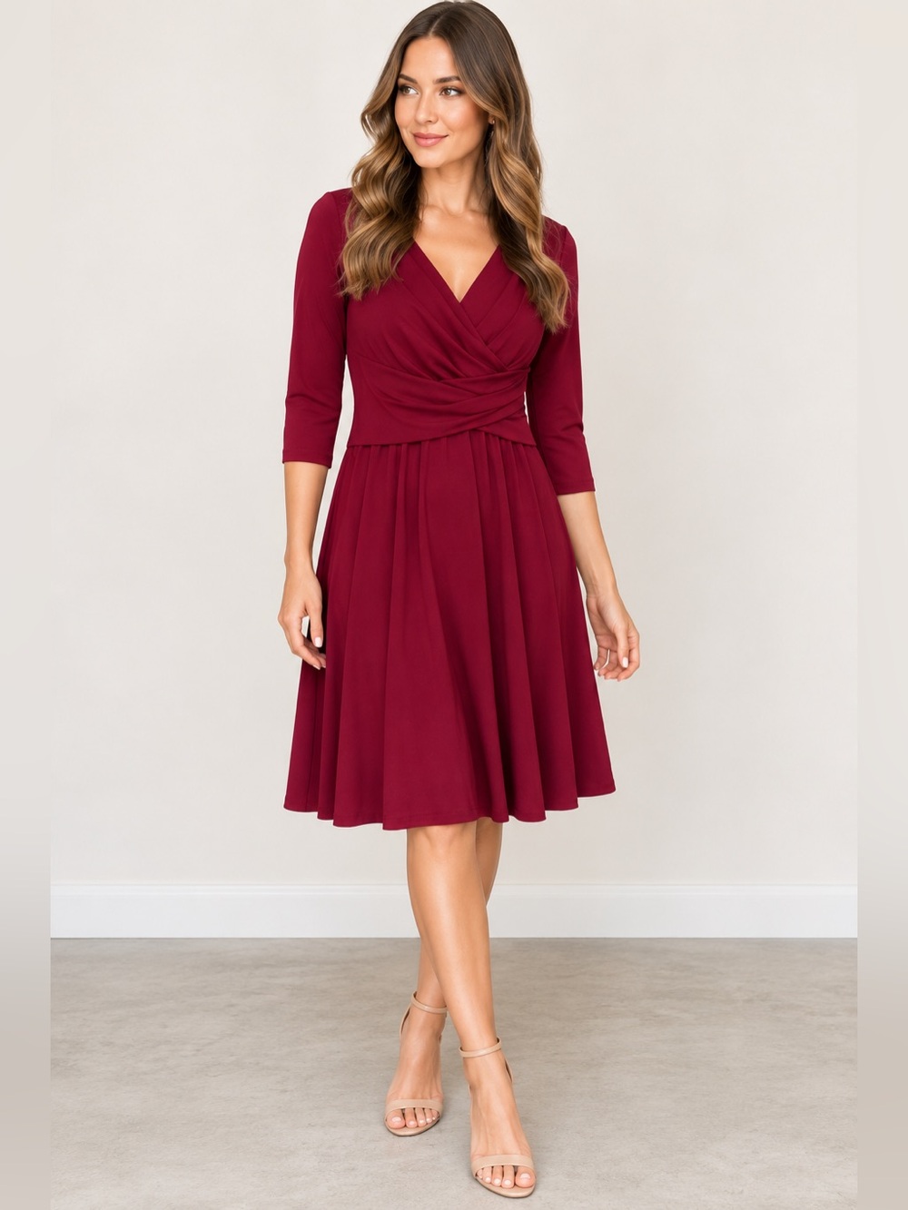 Suzi Chin for Maggy Boutique Burgundy Faux Wrap Tea Length Dress Size 4